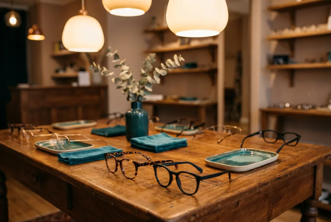 Designer eyeglass frames arranged on a warm wood table in a softly lit optical boutique with teal accents