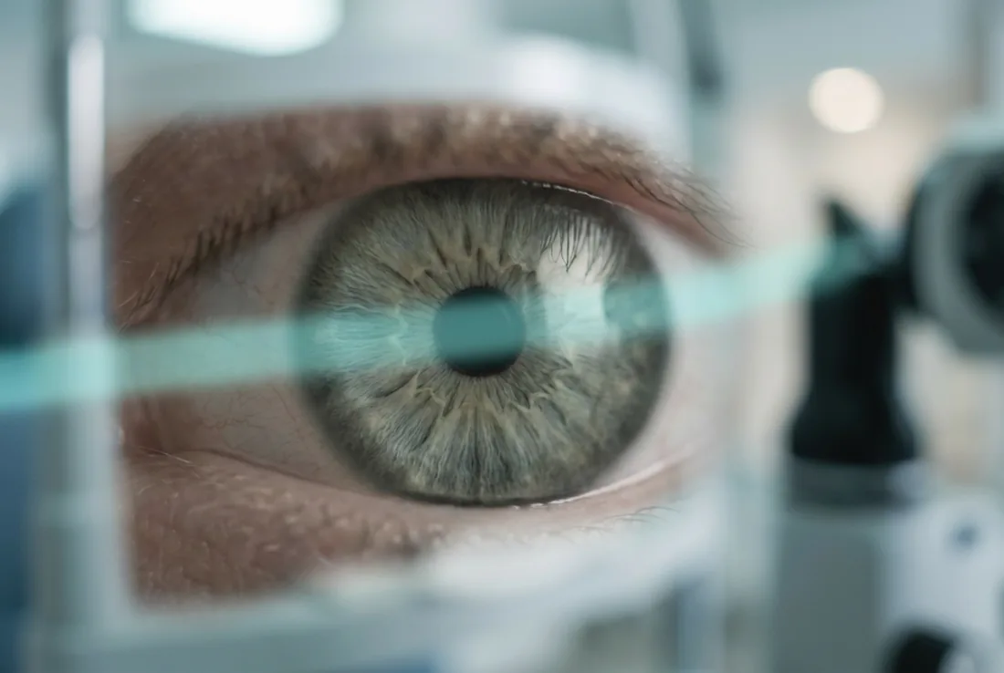 Extreme close-up of a human eye during an exam, a soft band of teal diagnostic light crossing the iris