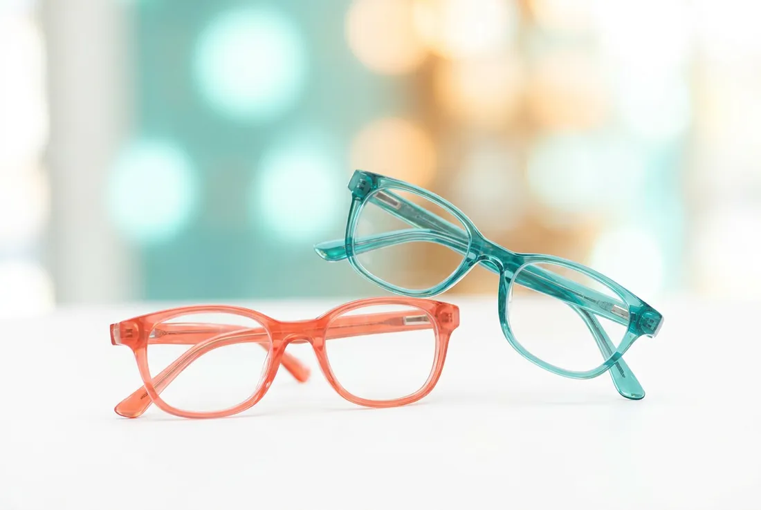 Two pairs of children's eyeglasses in coral and teal on a white counter with soft, blurred light