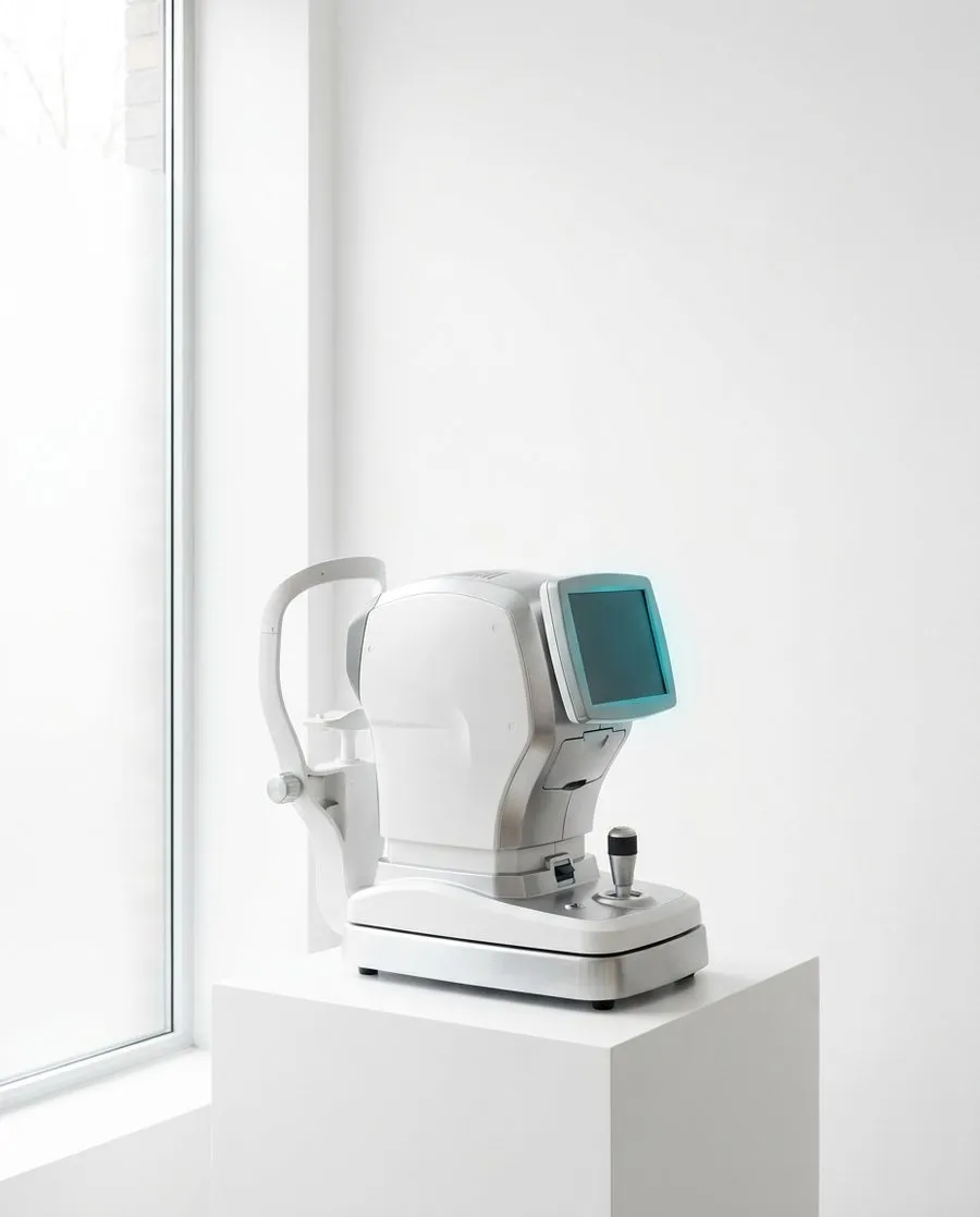 A retinal imaging instrument with a glowing teal screen, standing on a white pedestal beside a window