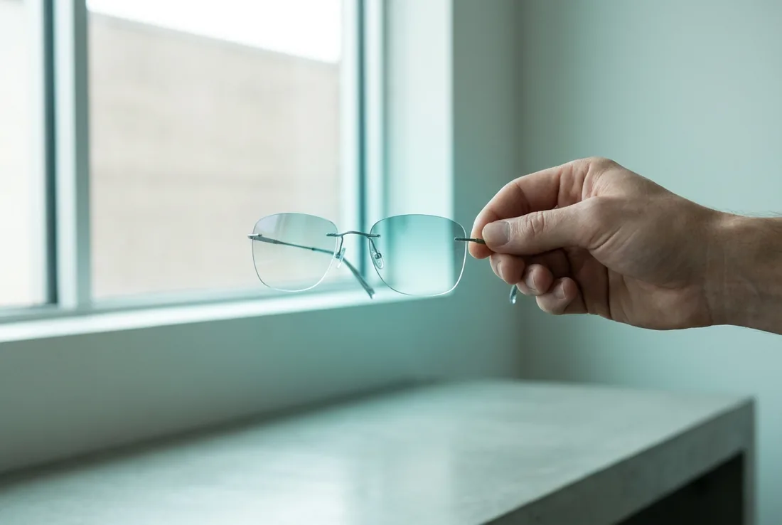A pair of modern rimless eyeglasses held up to window light, a soft teal gradient across the lenses