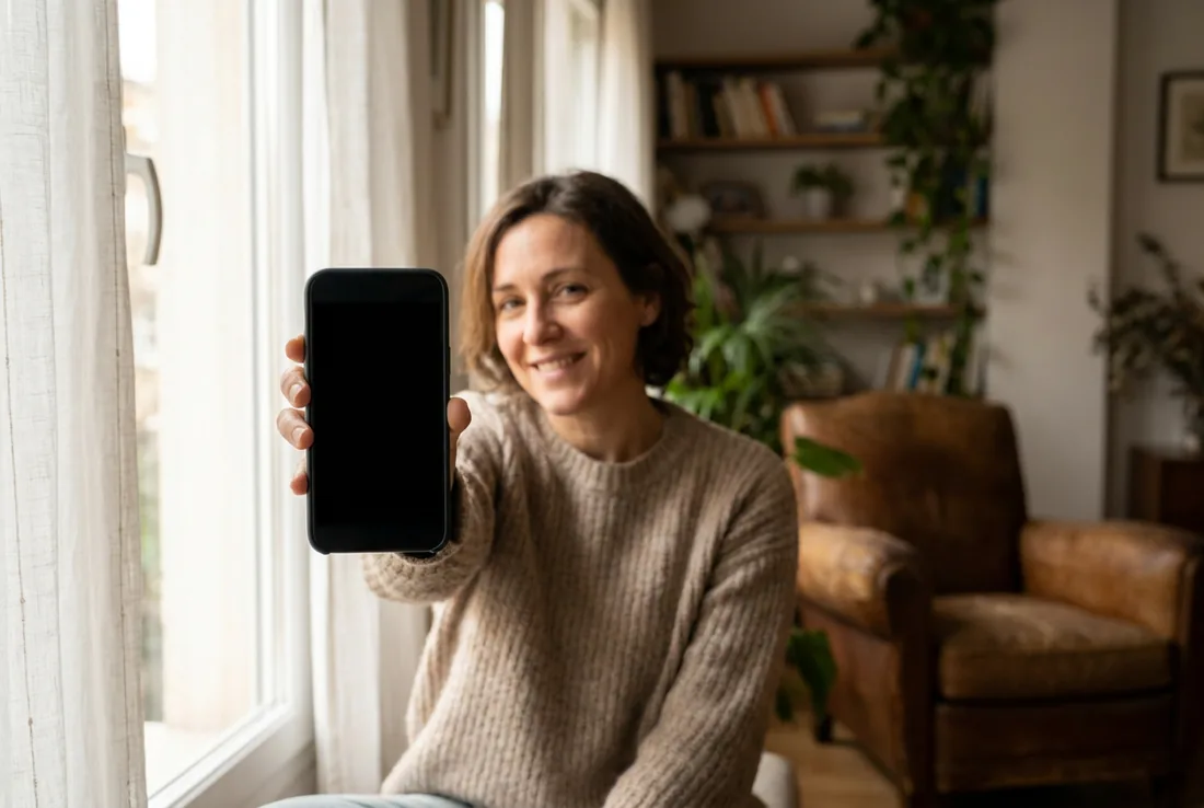A woman in her forties smiling and holding a phone at arm's length in soft window light