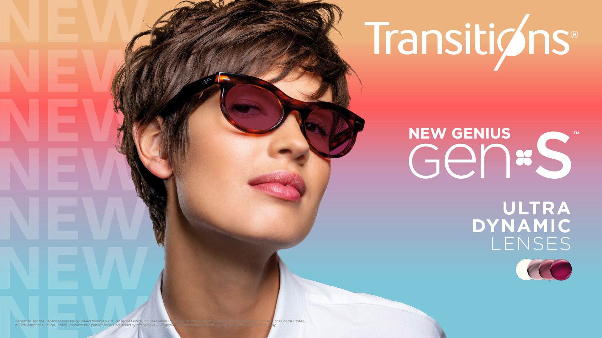 Transitions GEN S photochromic lenses available in 8 colors — Sapphire, Amethyst, Amber, Emerald, Sage, Graphite Green, Grey, and Brown